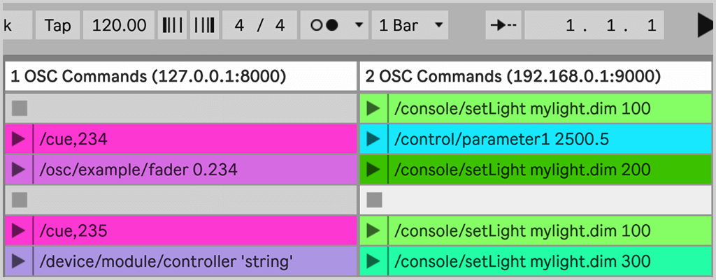 Image of the OSC Message Sender plugin interface.